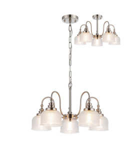 DeRuyter 57cm Semi Flush/Pendant 5 Light E27 Satin Nickel/Clear Glass-1