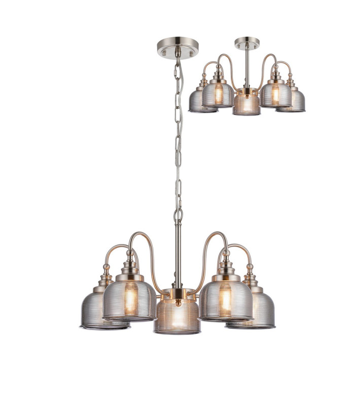 DeRuyter 57cm Semi Flush/Pendant 5 Light E27 Satin Nickel/Smoke Glass-1