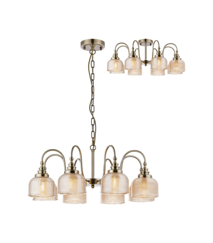 DeRuyter 73cm Semi Flush/Pendant 8 Light E27 Antique Brass/Amber Glass-1