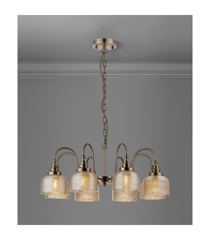 DeRuyter 73cm Semi Flush/Pendant 8 Light E27 Antique Brass/Amber Glass-3
