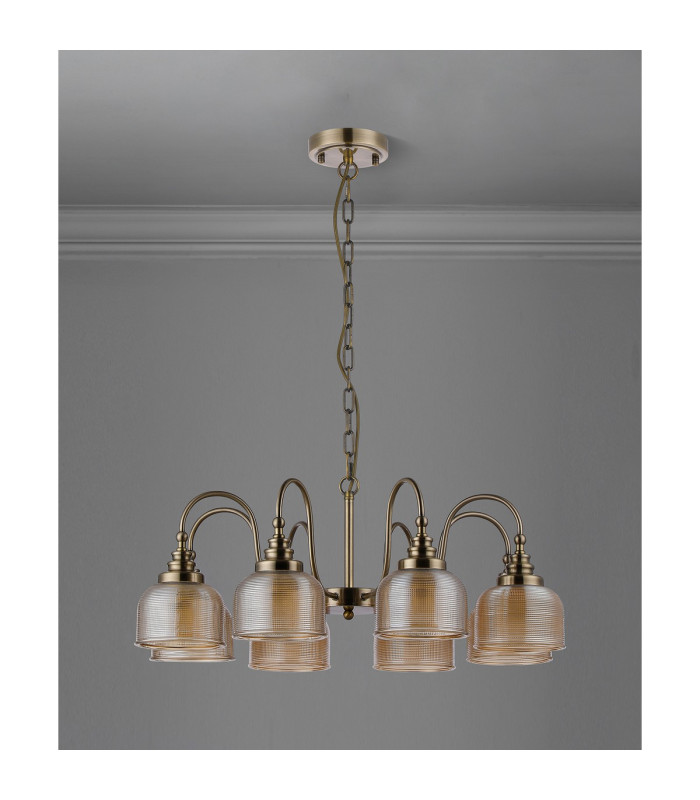DeRuyter 73cm Semi Flush/Pendant 8 Light E27 Antique Brass/Amber Glass-8