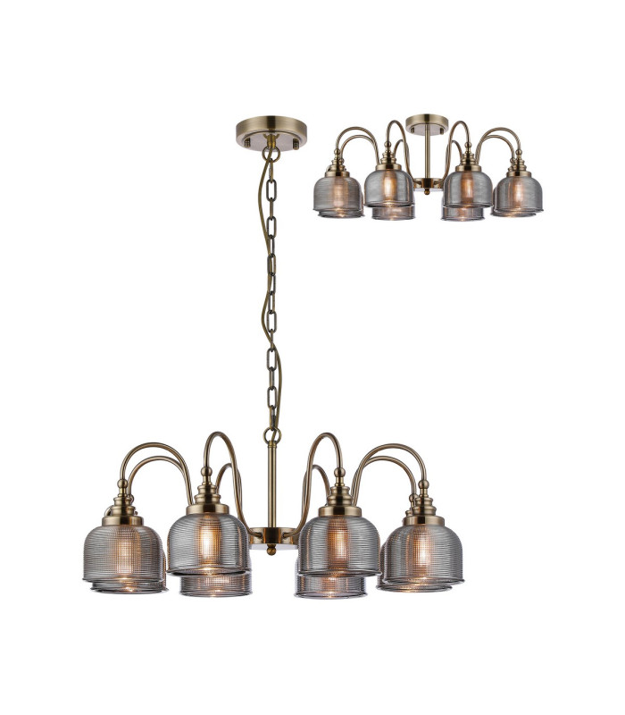 DeRuyter 73cm Semi Flush/Pendant 8 Light E27 Antique Brass/Smoke Glass-1
