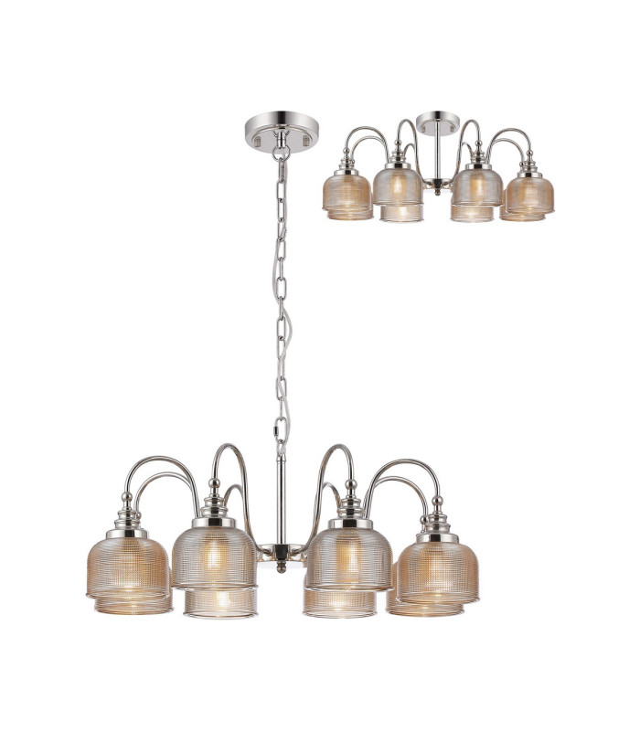 DeRuyter 73cm Semi Flush/Pendant 8 Light E27 Polished Nickel/Amber Glass-1