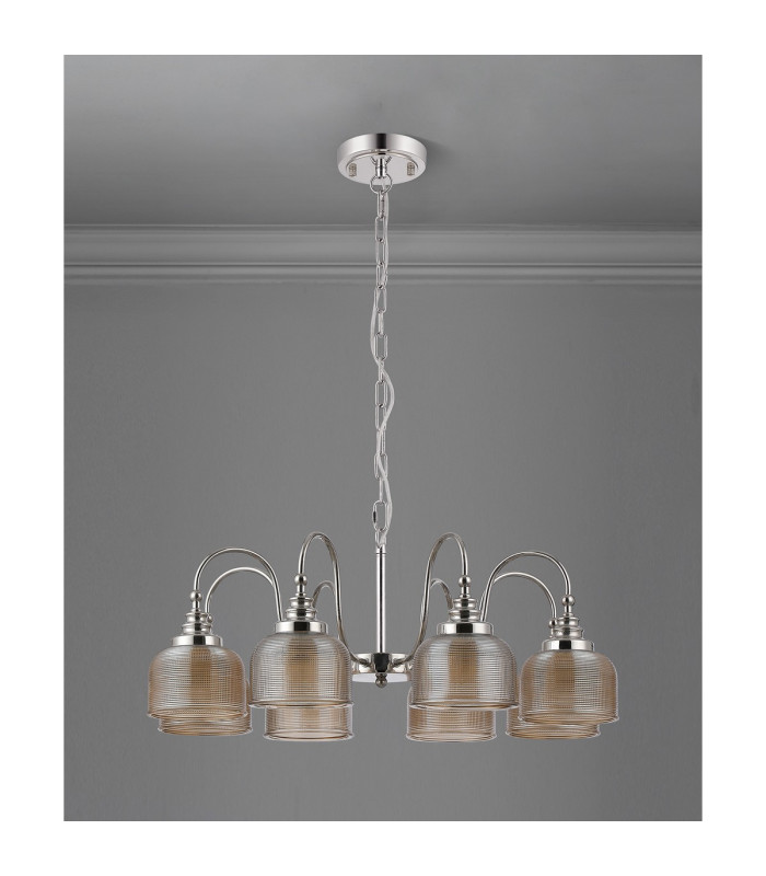 DeRuyter 73cm Semi Flush/Pendant 8 Light E27 Polished Nickel/Amber Glass-8