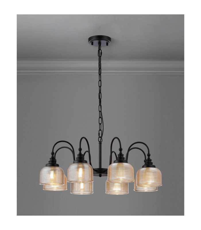 DeRuyter 73cm Semi Flush/Pendant 8 Light E27 Satin Black/Amber Glass-3