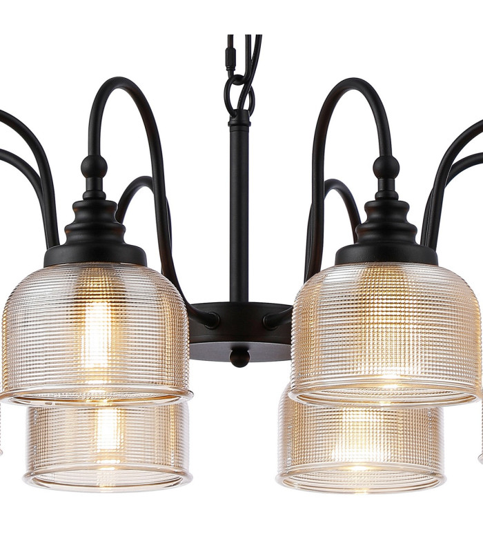 DeRuyter 73cm Semi Flush/Pendant 8 Light E27 Satin Black/Amber Glass-6