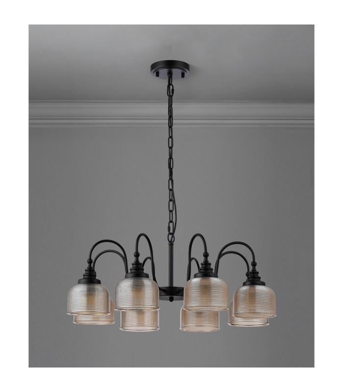 DeRuyter 73cm Semi Flush/Pendant 8 Light E27 Satin Black/Amber Glass-8