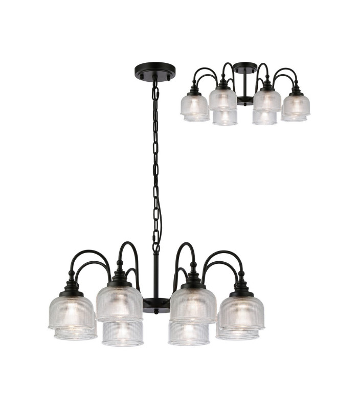 DeRuyter 73cm Semi Flush/Pendant 8 Light E27 Satin Black/Clear Glass-1