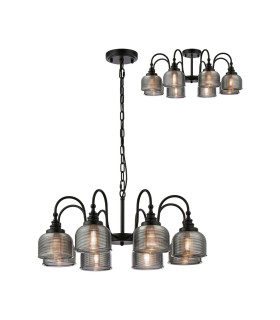 DeRuyter 73cm Semi Flush/Pendant 8 Light E27 Satin Black/Smoke Glass-1