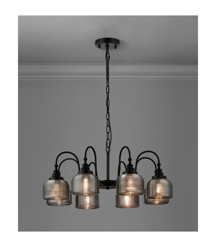 DeRuyter 73cm Semi Flush/Pendant 8 Light E27 Satin Black/Smoke Glass-3