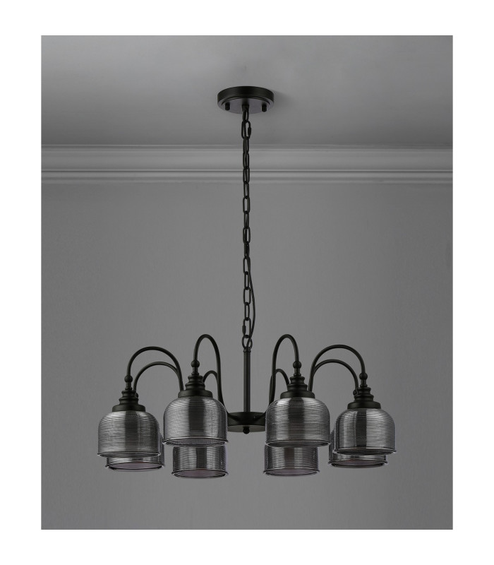 DeRuyter 73cm Semi Flush/Pendant 8 Light E27 Satin Black/Smoke Glass-8