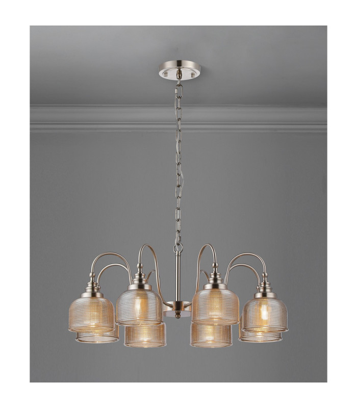 DeRuyter 73cm Semi Flush/Pendant 8 Light E27 Satin Nickel/Amber Glass-3