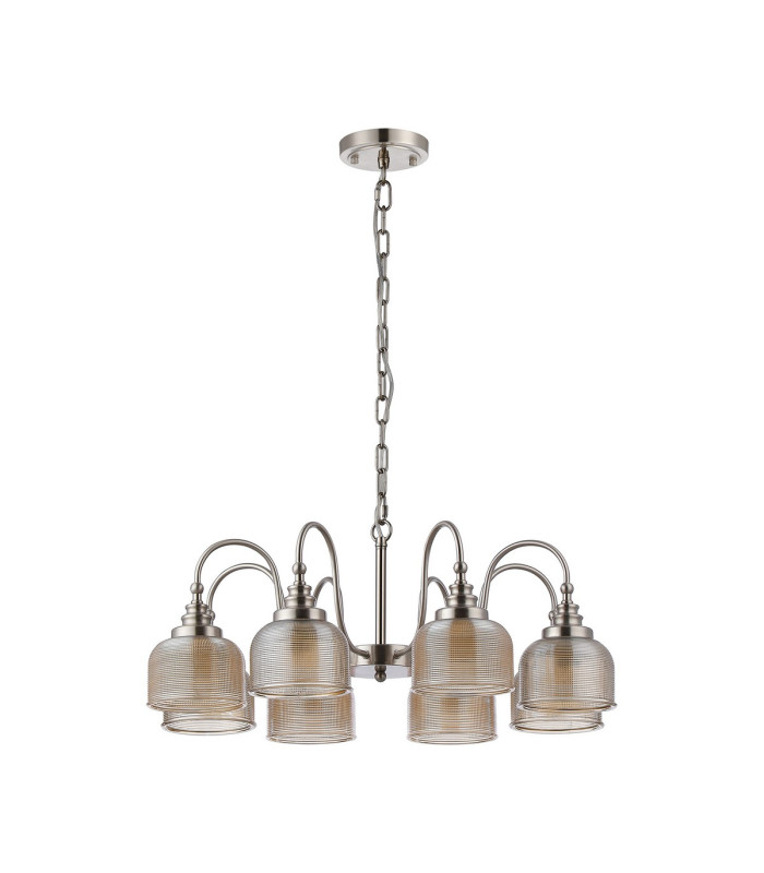 DeRuyter 73cm Semi Flush/Pendant 8 Light E27 Satin Nickel/Amber Glass-4