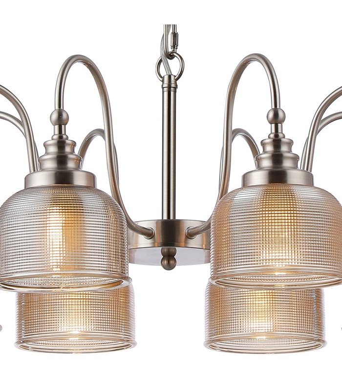 DeRuyter 73cm Semi Flush/Pendant 8 Light E27 Satin Nickel/Amber Glass-6