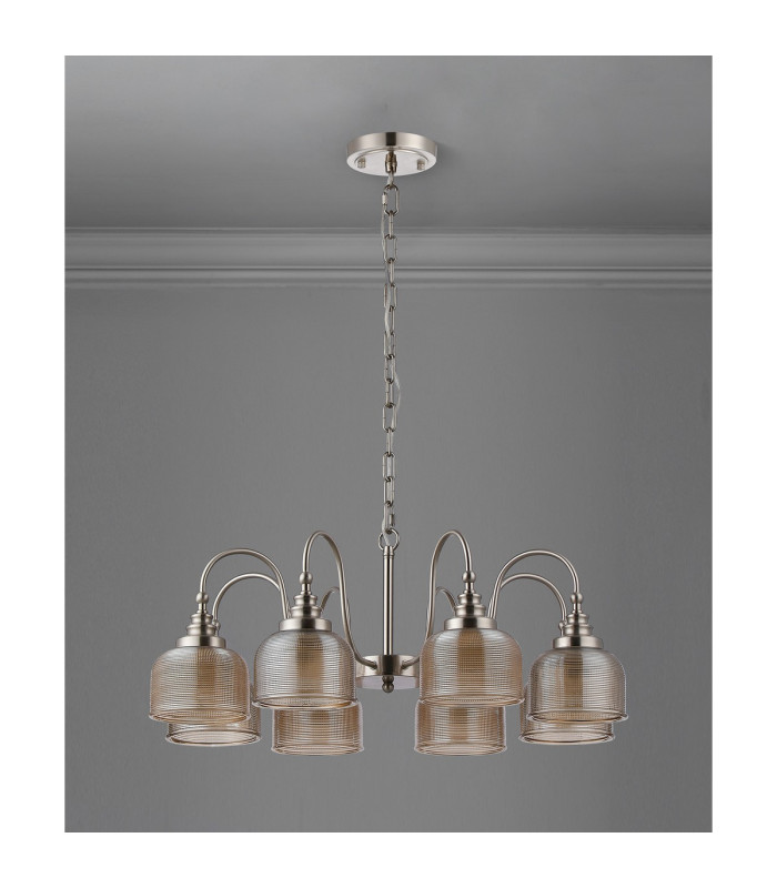 DeRuyter 73cm Semi Flush/Pendant 8 Light E27 Satin Nickel/Amber Glass-8