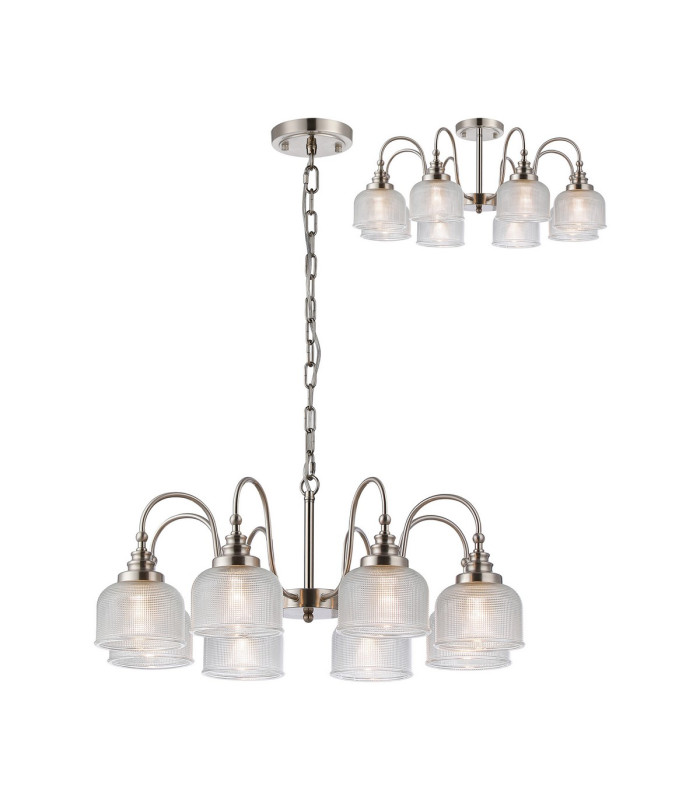 DeRuyter 73cm Semi Flush/Pendant 8 Light E27 Satin Nickel/Clear Glass-1