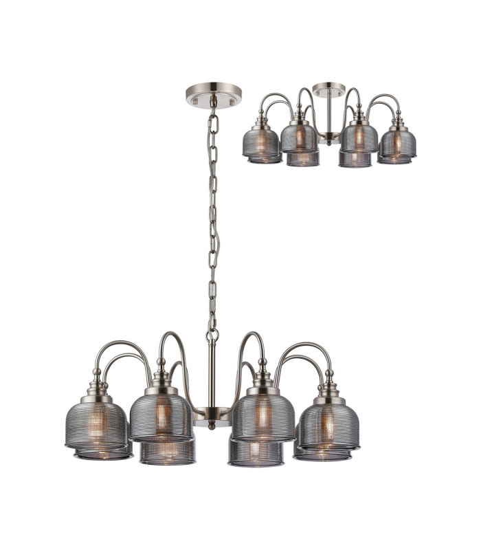 DeRuyter 73cm Semi Flush/Pendant 8 Light E27 Satin Nickel/Smoke Glass-1