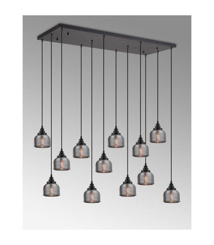 DeRuyter 12 Light Rectangular Pendant E27 Satin Black/Prismatic Dome Glass Smoke Item Weight: 16.1kg-10