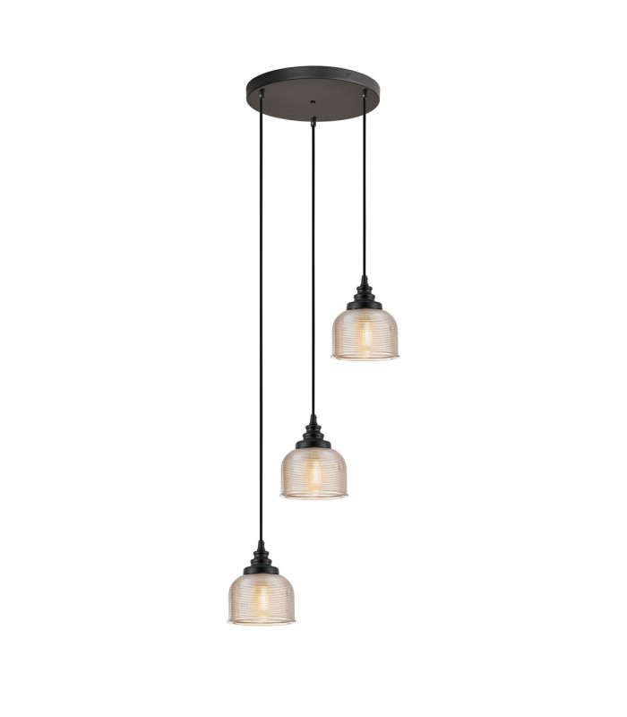 DeRuyter 3 Light Round Pendant E27 Satin Black/Prismatic Dome Glass Amber-1