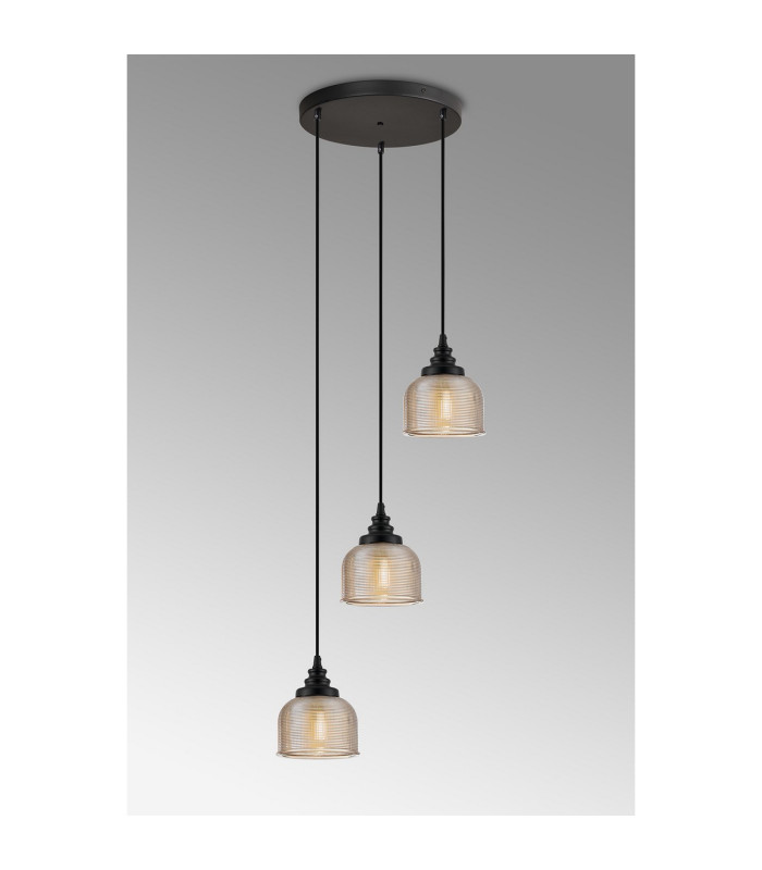 DeRuyter 3 Light Round Pendant E27 Satin Black/Prismatic Dome Glass Amber-3