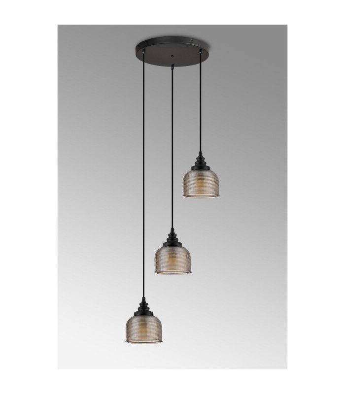 DeRuyter 3 Light Round Pendant E27 Satin Black/Prismatic Dome Glass Amber-7