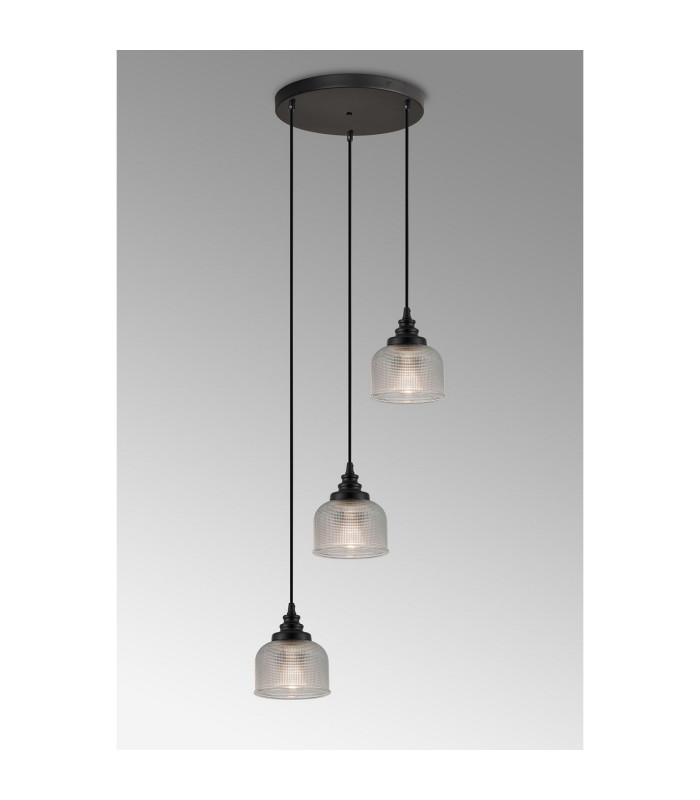 DeRuyter 3 Light Round Pendant E27 Satin Black/Prismatic Dome Glass Clear-3