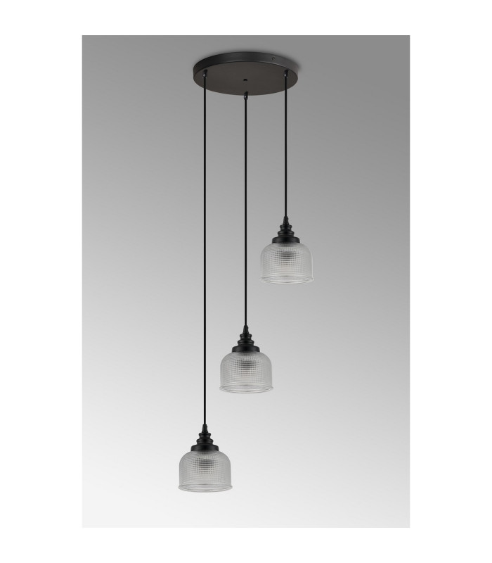 DeRuyter 3 Light Round Pendant E27 Satin Black/Prismatic Dome Glass Clear-7