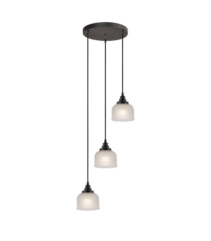 DeRuyter 3 Light Round Pendant E27 Satin Black/Prismatic Dome Glass Frosted-1