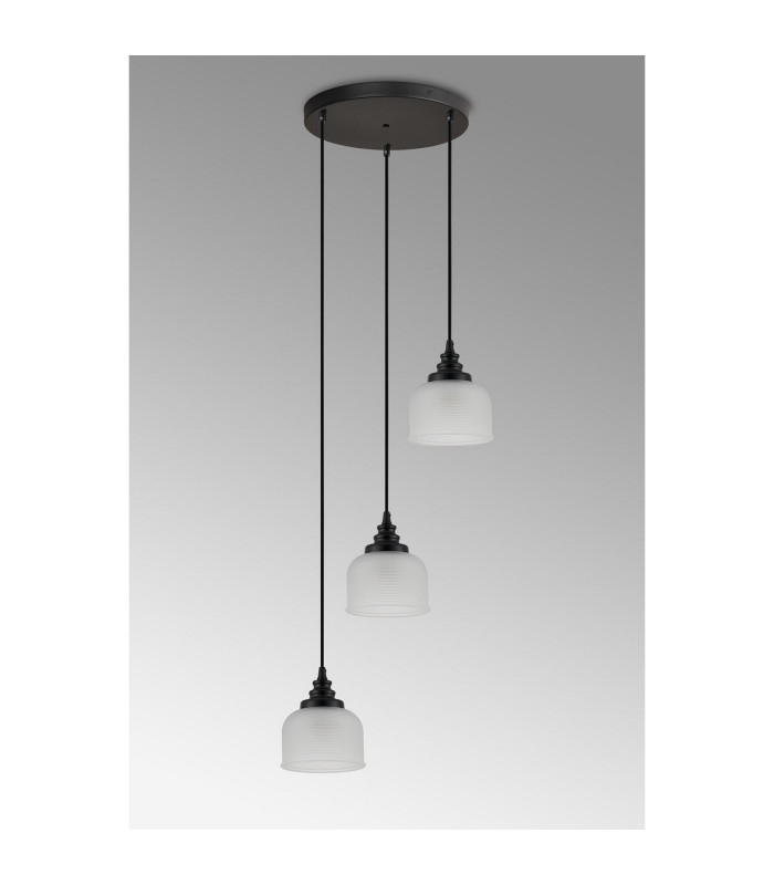 DeRuyter 3 Light Round Pendant E27 Satin Black/Prismatic Dome Glass Frosted-7