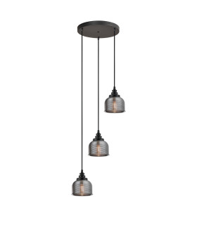 DeRuyter 3 Light Round Pendant E27 Satin Black/Prismatic Dome Glass Smoke-1