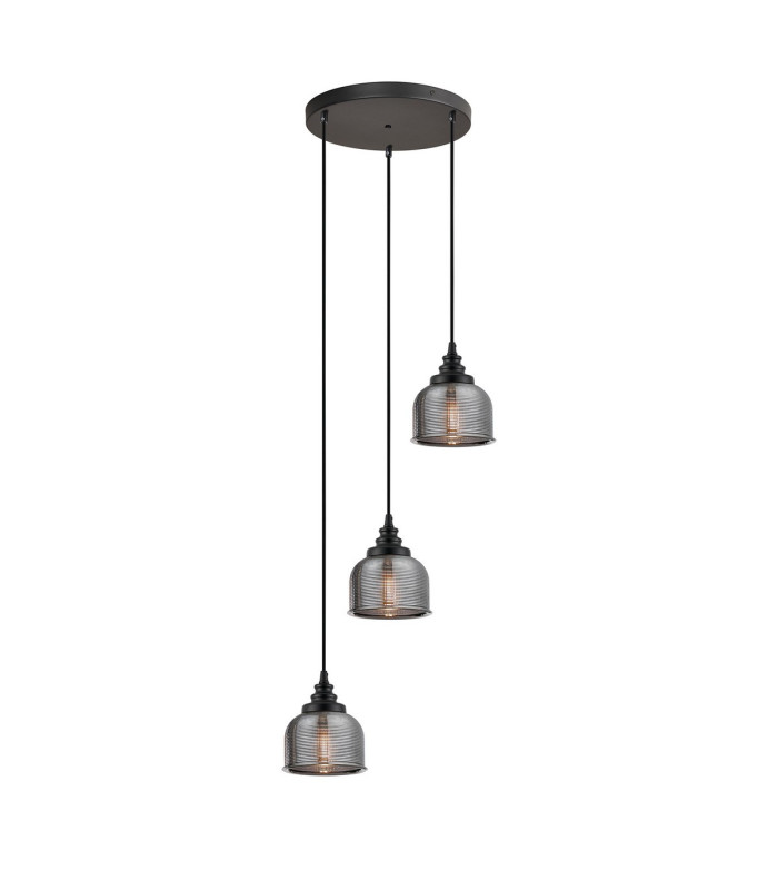 DeRuyter 3 Light Round Pendant E27 Satin Black/Prismatic Dome Glass Smoke-1