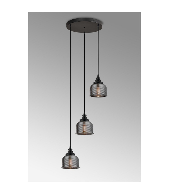 DeRuyter 3 Light Round Pendant E27 Satin Black/Prismatic Dome Glass Smoke-3