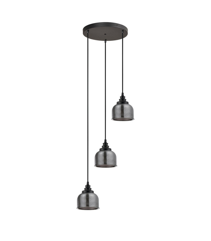 DeRuyter 3 Light Round Pendant E27 Satin Black/Prismatic Dome Glass Smoke-4