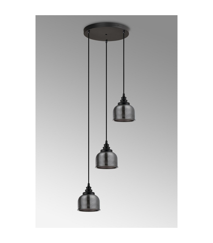 DeRuyter 3 Light Round Pendant E27 Satin Black/Prismatic Dome Glass Smoke-7