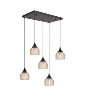 DeRuyter 5 Light Rectangular Pendant E27 Satin Black/Prismatic Dome Glass Amber-1