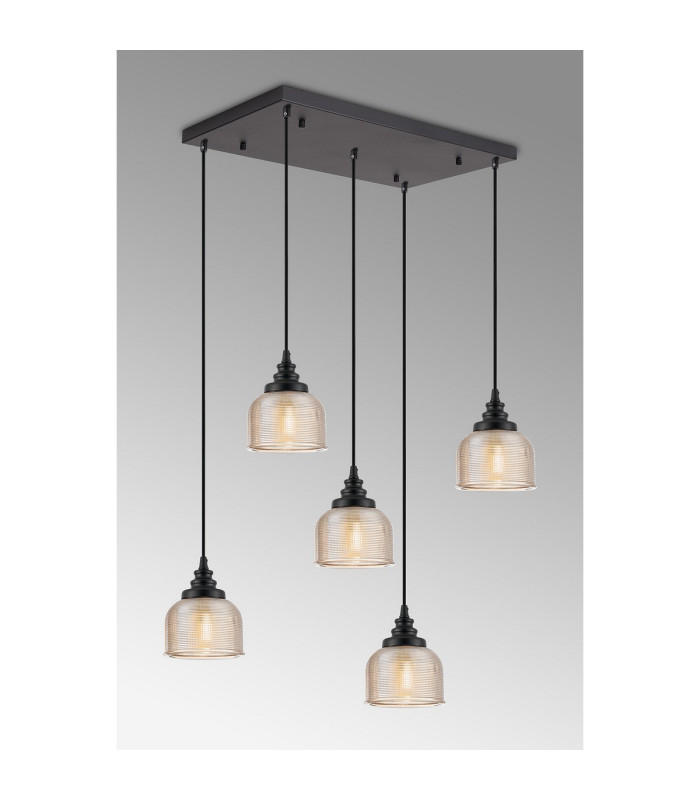 DeRuyter 5 Light Rectangular Pendant E27 Satin Black/Prismatic Dome Glass Amber-3