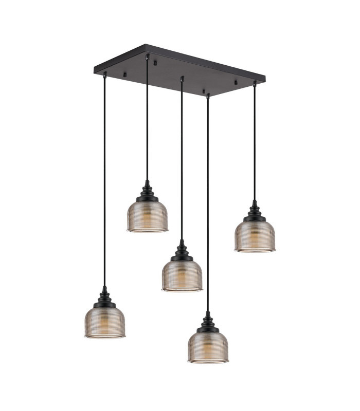 DeRuyter 5 Light Rectangular Pendant E27 Satin Black/Prismatic Dome Glass Amber-4