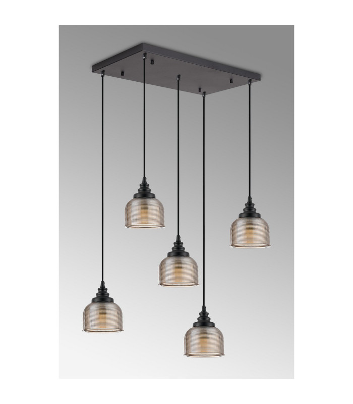 DeRuyter 5 Light Rectangular Pendant E27 Satin Black/Prismatic Dome Glass Amber-7