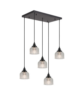 DeRuyter 5 Light Rectangular Pendant E27 Satin Black/Prismatic Dome Glass Clear-1