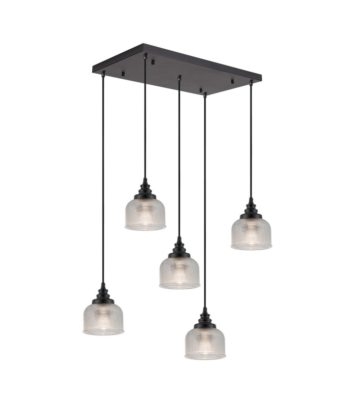 DeRuyter 5 Light Rectangular Pendant E27 Satin Black/Prismatic Dome Glass Clear-1