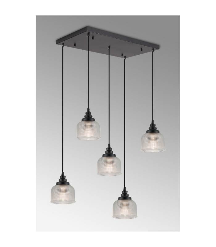 DeRuyter 5 Light Rectangular Pendant E27 Satin Black/Prismatic Dome Glass Clear-3