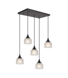 DeRuyter 5 Light Rectangular Pendant E27 Satin Black/Prismatic Dome Glass Frosted-1