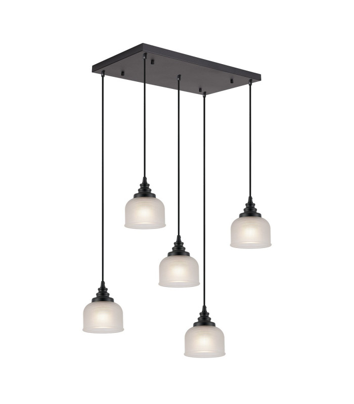 DeRuyter 5 Light Rectangular Pendant E27 Satin Black/Prismatic Dome Glass Frosted-1