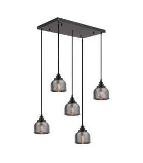 DeRuyter 5 Light Rectangular Pendant E27 Satin Black/Prismatic Dome Glass Smoke-1