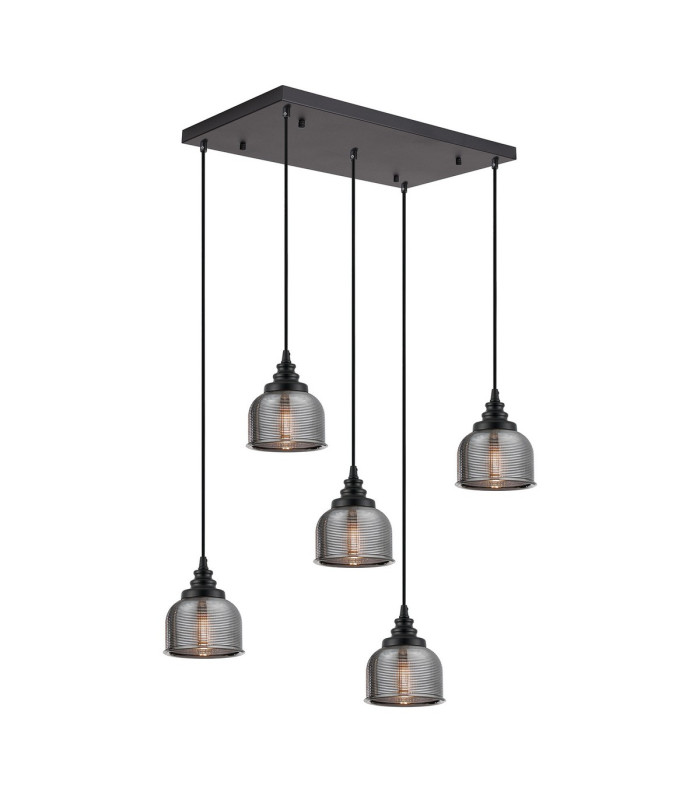 DeRuyter 5 Light Rectangular Pendant E27 Satin Black/Prismatic Dome Glass Smoke-1