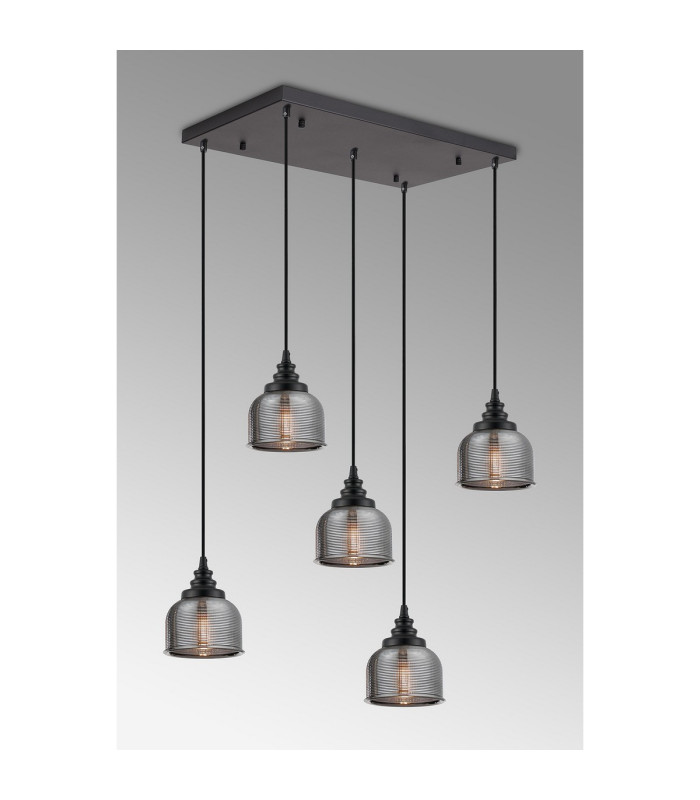 DeRuyter 5 Light Rectangular Pendant E27 Satin Black/Prismatic Dome Glass Smoke-3