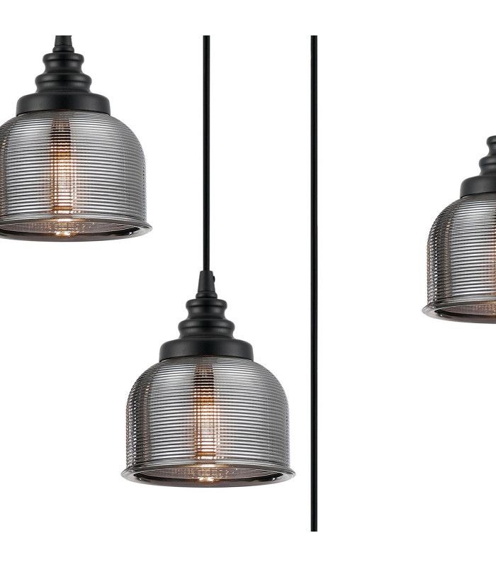 DeRuyter 5 Light Rectangular Pendant E27 Satin Black/Prismatic Dome Glass Smoke-6