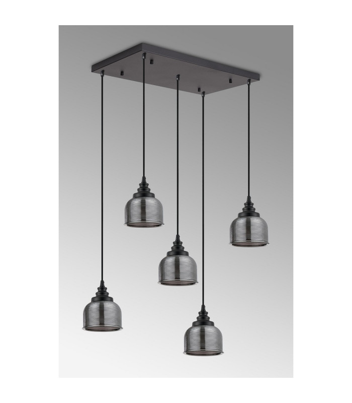 DeRuyter 5 Light Rectangular Pendant E27 Satin Black/Prismatic Dome Glass Smoke-7