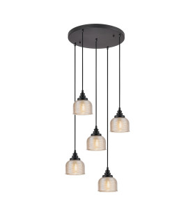 DeRuyter 5 Light Round Pendant E27 Satin Black/Prismatic Dome Glass Amber-1