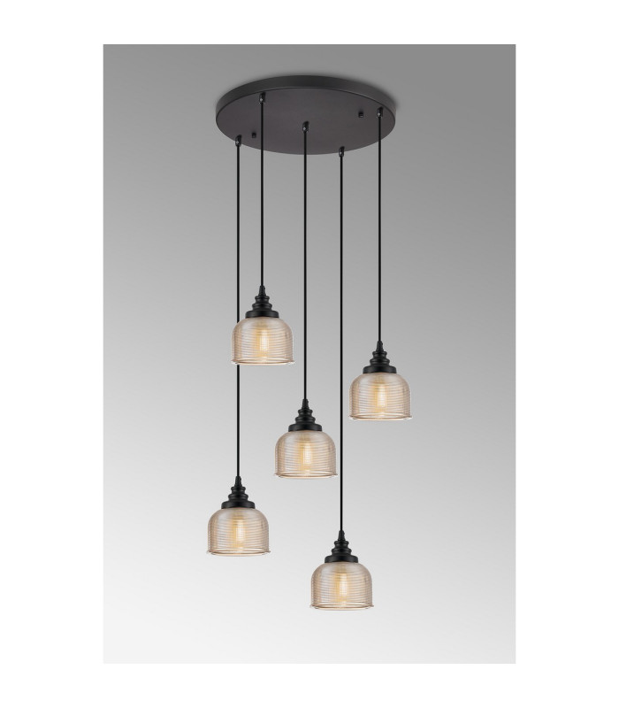 DeRuyter 5 Light Round Pendant E27 Satin Black/Prismatic Dome Glass Amber-3